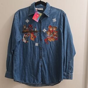 Embroidered Denim Shirt with Holiday Motifs